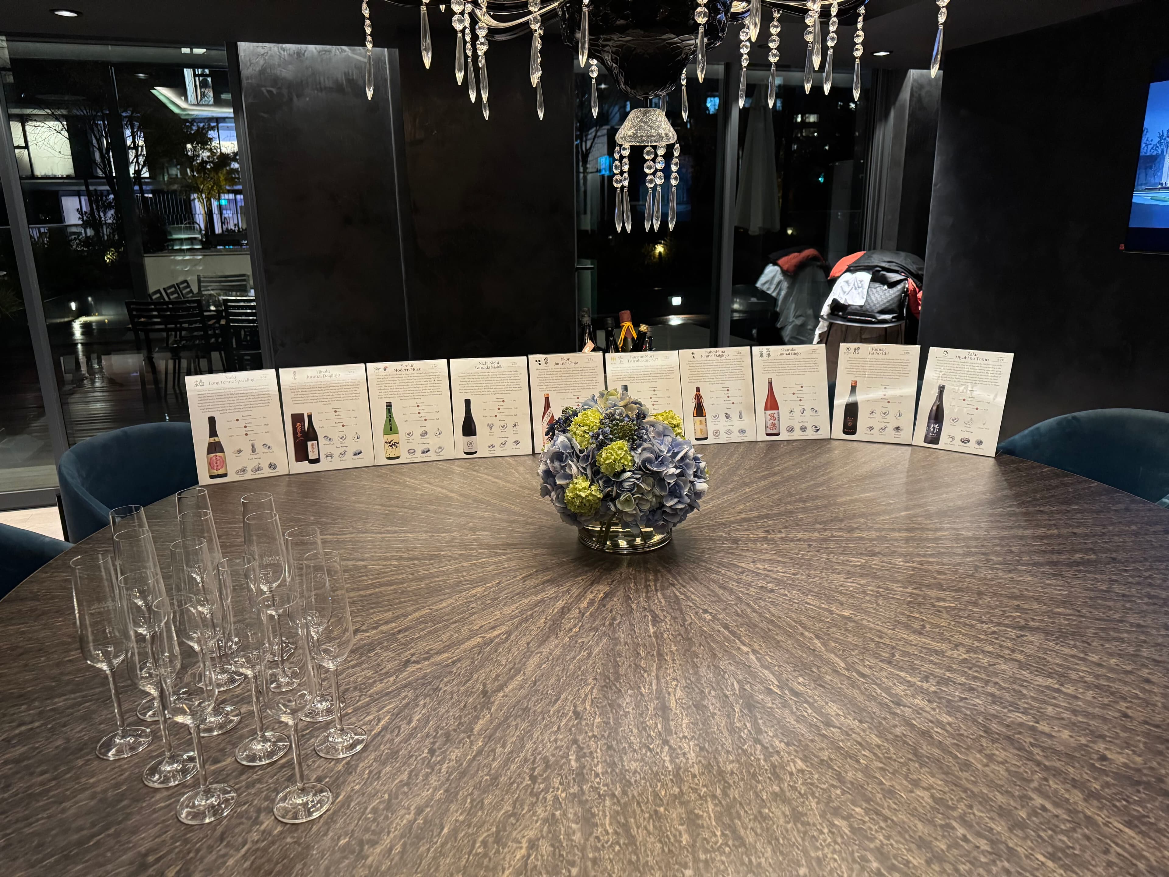 Ten sake tasting cards fanned across a round table set with champagne flutes under a chandelier